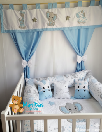 Cortina Azul Celeste Decorada Animalitos De La Selva